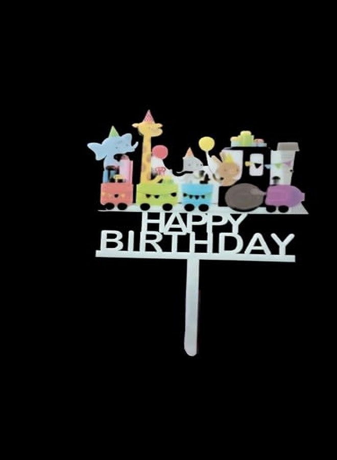 Happy Birthday Cake Topper, Train Design, Pastel Rainbow Colors, Acrylic Party Decoration